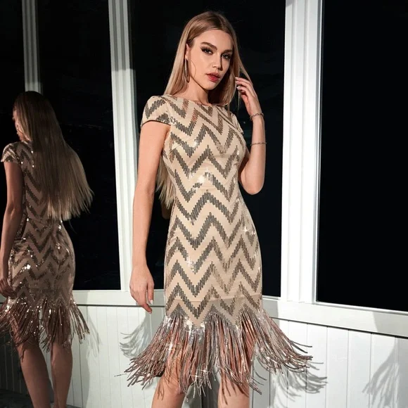 sachin and babi light blue dress Beaded Short Fringe Dress by Rachel Allan 40618 Champagne Multi / 2 main image 0